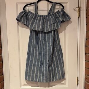 J. Crew Blue and White Off the Shoulder with Straps Striped Dress